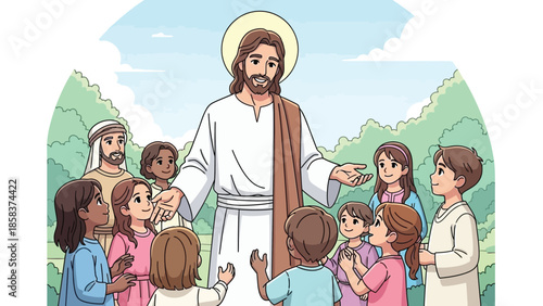 Jesus surrounded by children and followers sharing love and wisdom