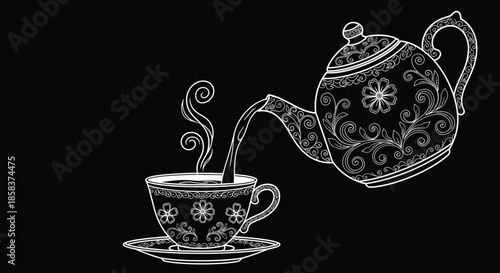 Intricate white line art illustration of a decorative teapot pouring tea into a matching cup on a solid black background.