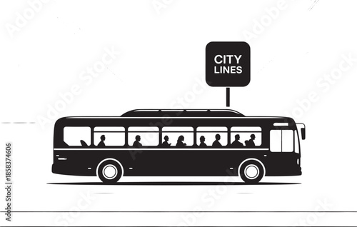 City Bus Silhouette with City Lines Sign on White Background for Urban Transportation