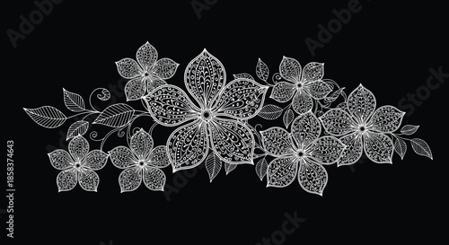 Beautiful arrangement of five stylized hand-drawn flowers with intricate patterns on a solid deep black background.