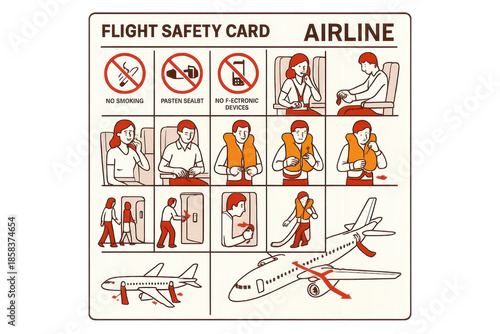 Airline flight safety card with emergency instructions
