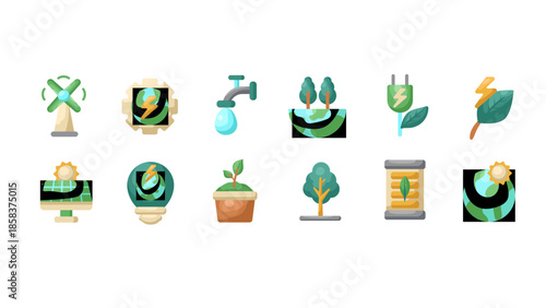 Eco-friendly icons set for environmental sustainability and renewable energy solutions.