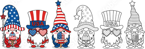 American patriotic gnome trio clipart with colored and outline versions independence day character bundle