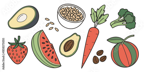 Healthy Vegan Food Ingredients Flat Vector White () SVG Cut File for Cricut