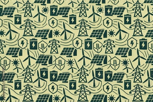 Renewable energy icons seamless pattern depicting solar panels, wind turbines, power lines, batteries, and electric symbols embodying sustainable technology and clean energy revolution