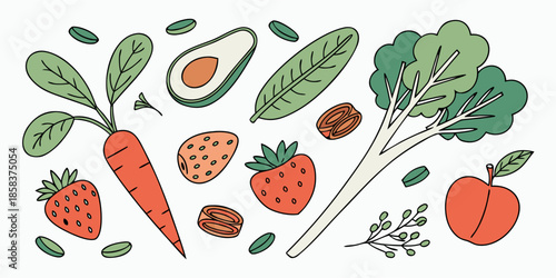 Healthy Vegan Food Ingredients Flat Vector White () SVG Cut File for Cricut