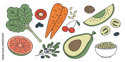 Healthy Vegan Food Ingredients Flat Vector White () SVG Cut File for Cricut