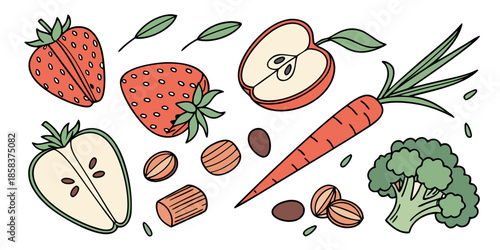 Healthy Vegan Food Ingredients Flat Vector White () SVG Cut File for Cricut