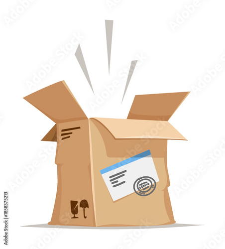 Opened carton box. Air mail delivery. Cardboard packaging. Simple cartoon clipart isolated on white background. Vector illustration.
