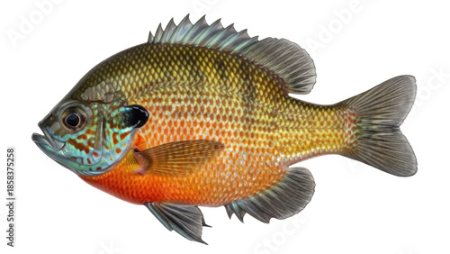 Isolated colorful sunfish on background, pumpkinseed fish closeup, freshwater angling