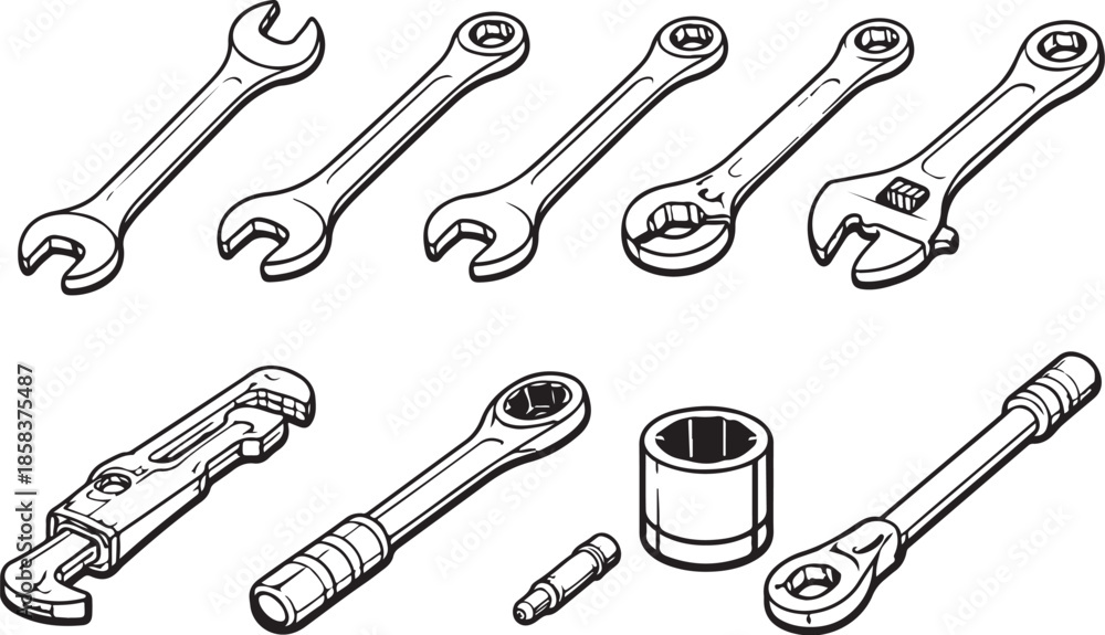 Naklejka premium Wrenches And Spanners Line Art Tool Set eps