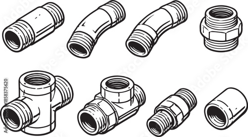 Pipe Fittings and Connectors Line Art Bundle eps