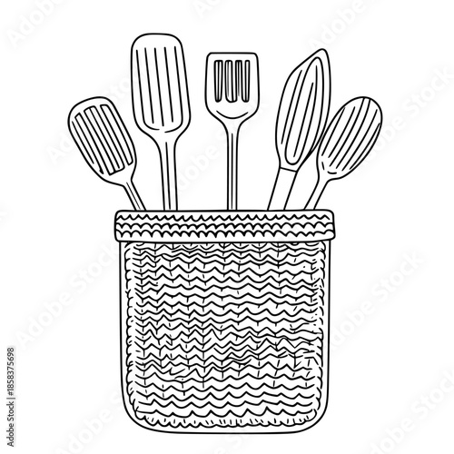 Vintage charm: crocheted utensil holder | Clean, isolated vector art for creative projects.