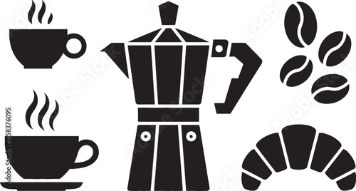 Black silhouette coffee maker cups croissant and beans on white background coffee beans coffee cup