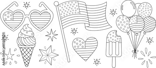 Independence day outline coloring page design with patriotic sunglasses flag balloons popsicle fireworks and star elements