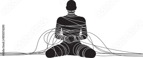 Black Silhouette of a Person Tied with White Cords Kneeling with Hands Clasped Keywords: silhouette, person, figure, bound, tied, cord, rope, string, trapped, restricted, confined