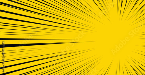 Bright yellow background with dynamic black radial lines creating a comic book speed burst effect.