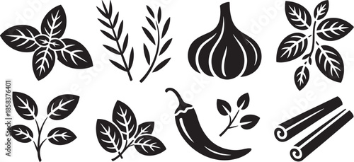 Black silhouette set of culinary herbs spices and vegetables on white background basil leaves silhouette