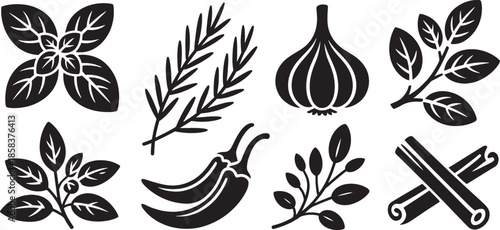 Black silhouette set of culinary herbs spices and vegetables on white background basil silhouette