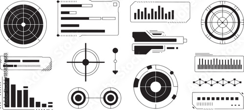 Collection of abstract futuristic sci fi data visualization elements and targeting reticles