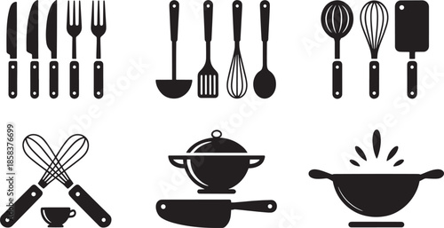 Collection of black kitchen utensil icons including knives forks whisks ladles spatulas pots and colanders
