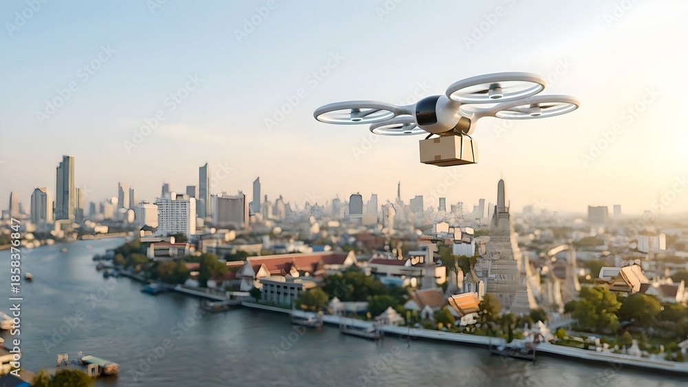 Fototapeta premium Autonomous delivery drone flying over modern city skyline