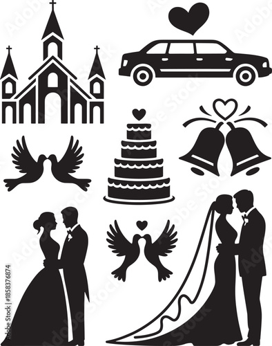 Collection of black wedding icons including church couple cake car bells and doves marriage