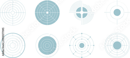 Collection of eight abstract circular data visualization graphics in light blue and white science