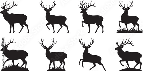 Collection of Eight Black Silhouette Deer with Antlers in Various Poses on White Background