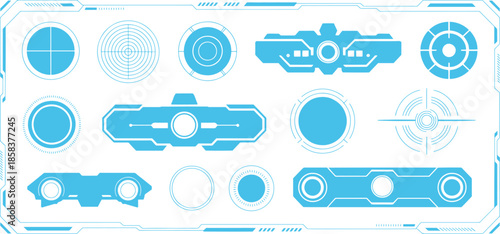 Collection of futuristic blue digital interface elements and targeting reticles on white background