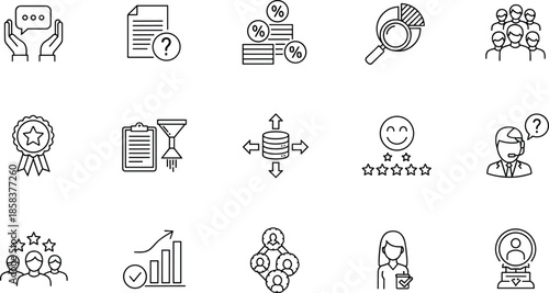 Customer feedback and data analysis line icons set featuring surveys, ratings, audience insights and performance evaluation symbols isolated on white background