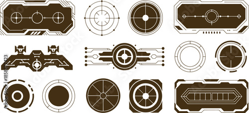 Collection of Sci Fi User Interface Elements and Targeting Reticles in Brown and White heads up display