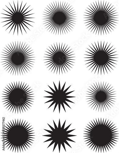Collection of twelve black starburst and sunburst graphic elements on white background icon