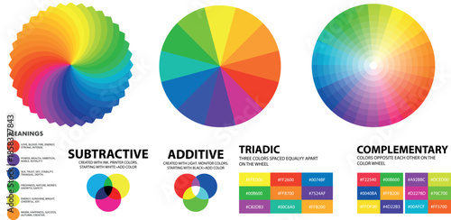 Circular Color Theory Diagram Showing Full Spectrum Gradient and Harmony Combinations, Multicolor Radial Palette Vector Illustration