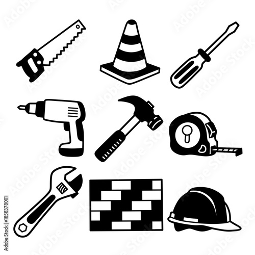 Detailed Black Construction Icons with White Lines. Vector set of builder tools glyphs with internal negative space details.