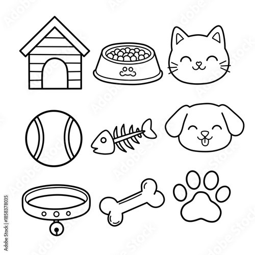 Hand Drawn Cute Pets Doodle Icon Set. Black and white outline vector collection of dog, cat, and animal care items.