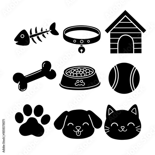 Solid Black Pets and Animals Glyph Icon Set. Minimalist silhouette vector collection of dog, cat, and paw prints.
