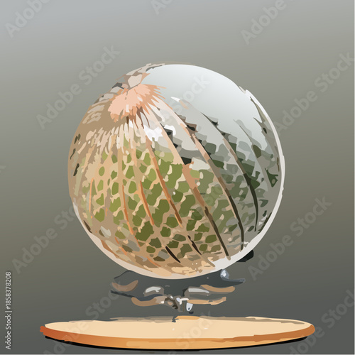 Futuristic chrome sphere levitating over a wooden pedestal isolated on white.