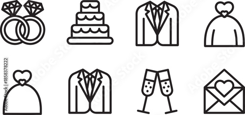 Set of eight minimalist black wedding vector icons including rings cake suits dress champagne and envelope