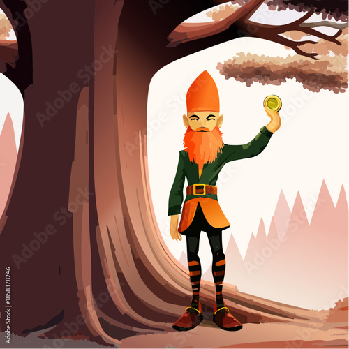 Cartoon fantasy gnome with a long orange beard holding a golden apple.
