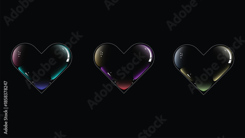 Three iridescent hearts floating