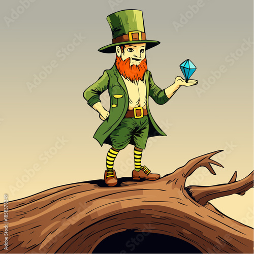 Cartoon Irish leprechaun character holding a precious diamond gem.