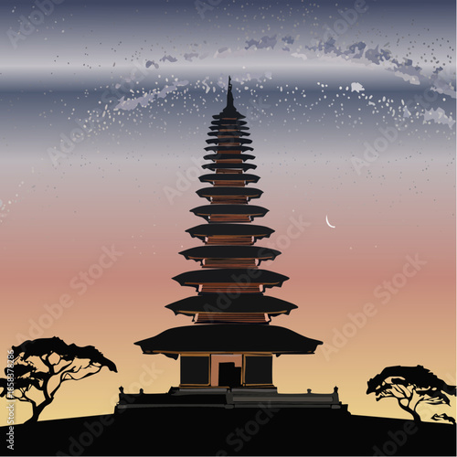 Traditional Balinese Hindu temple pagoda silhouette vector illustration.