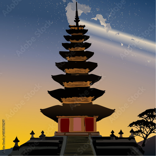 Colorful digital illustration of a multi-tiered Balinese Meru tower.
