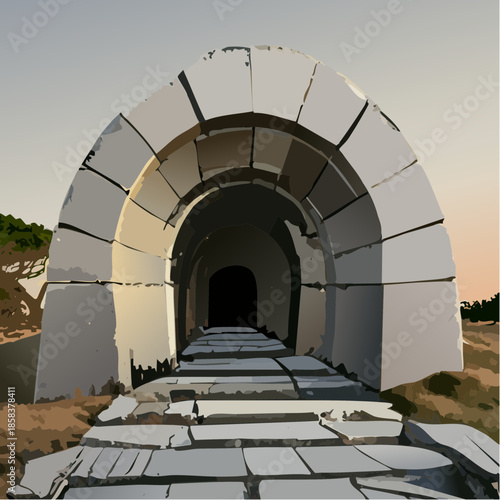 Abstract digital illustration of a stone archway tunnel.