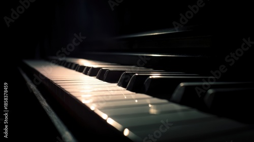 A close-up of a piano keyboard illuminated by soft ambient light,
