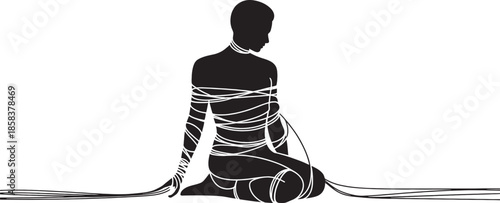 Silhouette of a Person Sitting Kneeling Tied with White Cords Looking Downwards Keywords: silhouette, person, figure, bound, tied, cord, rope, string, trapped, restricted, confined