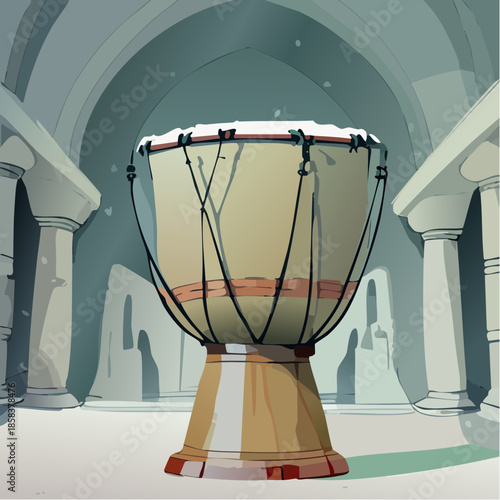 Stylized illustration of a traditional African djembe hand drum.
