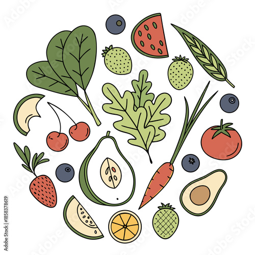 Fresh Food Ingredients Arranged In Circular Balanc (3) Vector Illustration