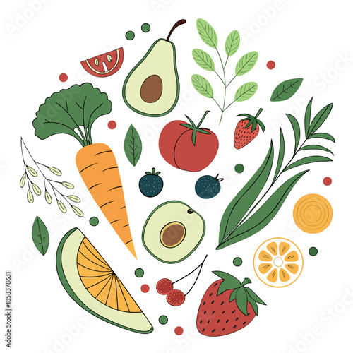 Fresh Food Ingredients Arranged In Circular Balanc (2) Vector Illustration